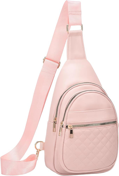 Crossbody Bags for Women Men,Leather Sling Bag Cross Body Backpack for Women, Casual Chest Bag Daypack for Travel Hiking,Pink