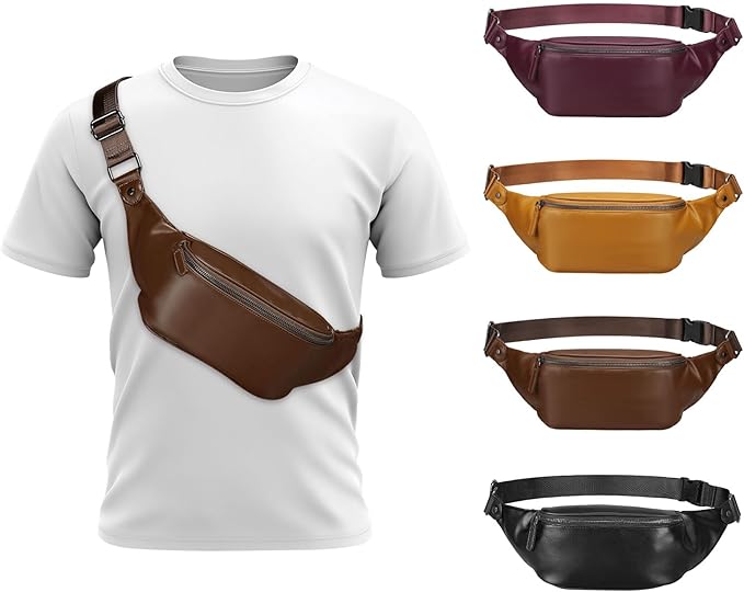 Faux Leather Belt Bag for Men, Crossbody Sling Bag with Adjustable Strap, Back Zipper Pocket, Large Capacity Waist Pack for Travel, Work, Every, Brown