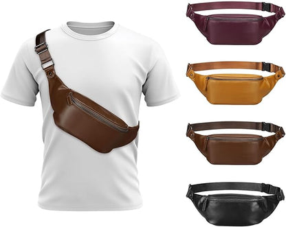 Faux Leather Belt Bag for Men, Crossbody Sling Bag with Adjustable Strap, Back Zipper Pocket, Large Capacity Waist Pack for Travel, Work, Every, Brown