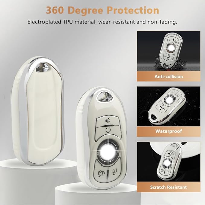 PIFOOG White Key Fob Cover for Buick 6 Buttons Car Keys Shell Case Protector Soft TPU Bling Keychain for Buick Enclave Encore LaCrosse Regal Envision Accessories Girly Women
