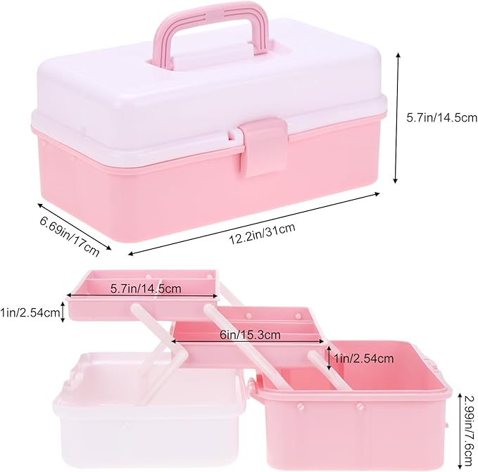 Hair Accessories Organizer, Tackle Box Craft Storage Portable Folding Toolbox, Plastic Tool Box with Handle for Sewing Supplies, Medicine, Art Supplies, Nails Accessories 12.5inch Dusty Pink