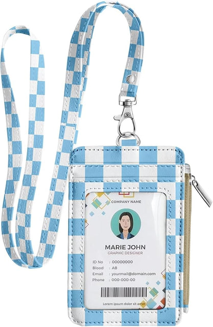 bolimoss Checkered Lanyard Wallet for Women, ID Badge Holder with Zipper Pocket Breakaway Neck Lanyard, Pu Leather Keychain Wallet Office Worker Teacher Student Nurse Gift