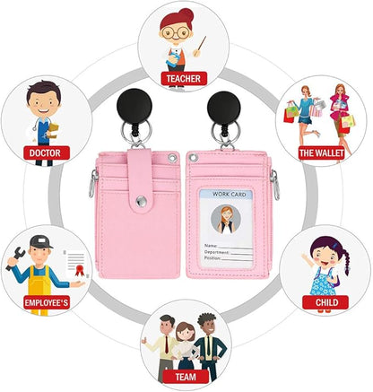 【2025 Latest】 Cute ID Badge Holder Retractable Lanyard Reel Clip with Heavy Duty Carabiner, 5 Card Slots in 2 Sided with Key Ring and Zipper for Students Teens Boys Girls Office Staff Women (Pink)