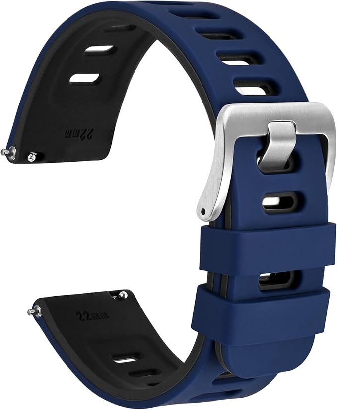 WOCCI 20mm Bicolor Watch Band, Silicone Rubber, Quick Release Replacement Strap for Men and Women, Silver Stainless Steel Buckle (Blue-Black)