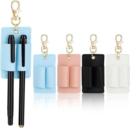LLOUSSAK 4 Pcs Double Hole Pen Holder for Lanyard, Portable Pen Holder Clip Anti-Lost Keychain Clip Lanyard Pens Holders for Nurse Office (White, Black, Pink, Blue)