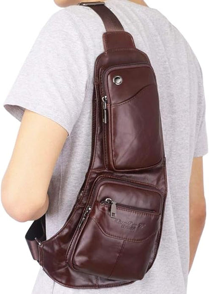 Hebetag Leather Sling Bag Crossbody Backpack for Men Women Travel Outdoor Camping