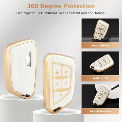 PIFOOG for Cadillac Key Fob Cover CT5 CT4 CT4-V Accessories 5 Buttons Soft TPU Car Smart Keys Shell Case Protector Full Covers Bling Keychain Lanyard Girly Women Cute White Gold