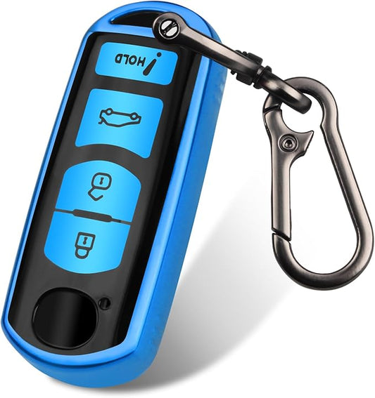 FT FUNTOR for Mazda Car Key Cover,4 Blue Buttons TPU Key Cover with Keychain,Compatible with Mazda 3 6 8 CX-3 CX-5 CX-7 CX-9 atenza Miata MX-5 (C-Blue)