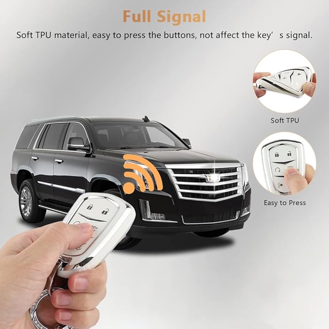 PIFOOG Escalade Key Fob Cover for Cadillac 6 Button Smart Keys Case Proector Accessories TPU Soft Bling Keychain White Silver Girly Cute for Cadillac Escalade ESV 2015-2020