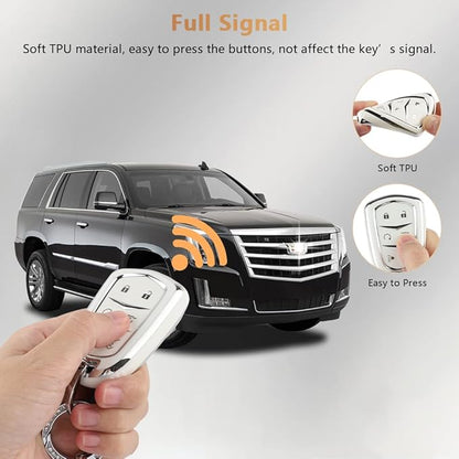PIFOOG Escalade Key Fob Cover for Cadillac 6 Button Smart Keys Case Proector Accessories TPU Soft Bling Keychain White Silver Girly Cute for Cadillac Escalade ESV 2015-2020