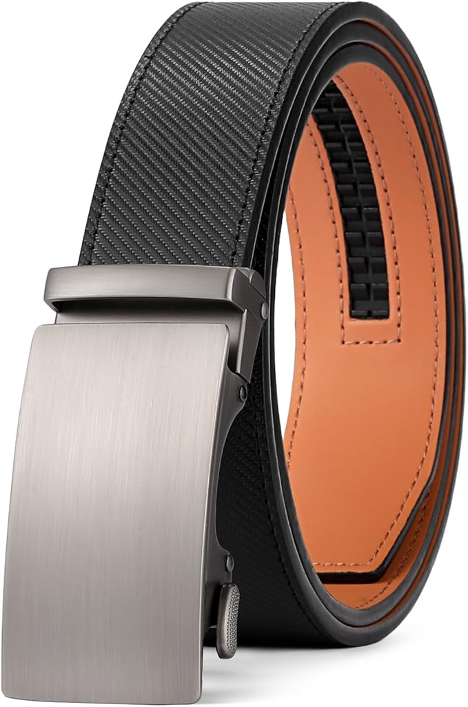 SENDEFN Men's Leather Belt Automatic Ratchet Buckle Slide Belt for Dress Casual Trim to Fit with Gift Box
