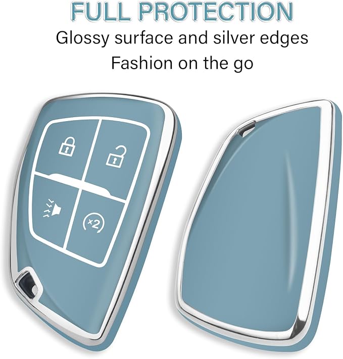 QBUC for Chevy Key Fob Cover with Keychain Soft TPU Protection Case Compatible with 2021-2026 Chevy Colorado Equinox Silverado GMC Canyon Sierra Terrain 4-Buttons(Chrome Trim Blue)