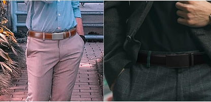 Founders & C Mens Belt 2 Pack,Leather Ratchet Click Belt Dress with Slide Buckle 1 3/8" in Gift Set Box- Size Adjustable