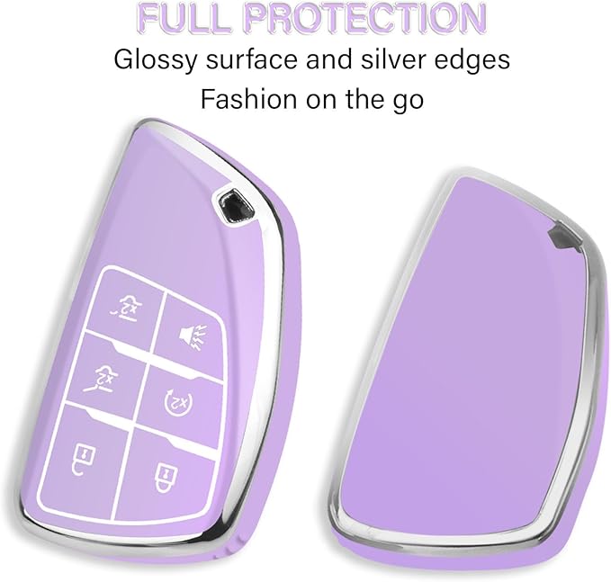QBUC for Chevy Key Fob Cover with Keychain Soft TPU Protection Case Compatible with 2021-2026 Chevy Tahoe Suburban GMC Yukon Denali Silverado 6-Buttons(Chrome Trim Purple)