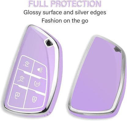 QBUC for Chevy Key Fob Cover with Keychain Soft TPU Protection Case Compatible with 2021-2026 Chevy Tahoe Suburban GMC Yukon Denali Silverado 6-Buttons(Chrome Trim Purple)