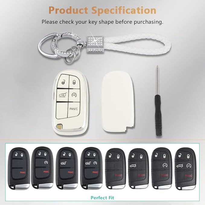 PIFOOG White Key Fob Cover for Jeep Grand Cherokee Compass Renegade Accessories TPU Soft Car Keys Case Shell Protector Bling Keychain 5 Buttons Girly Women Cute