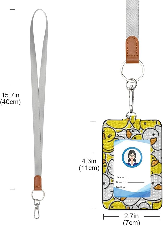 Badge Holder, Rubber Duck Yellow White PU Leather School College Business ID Badge Card Holder Wallet Case with 1 Clear Window, 2 Credit Card Slots and Detachable Neck Lanyard - Vertical