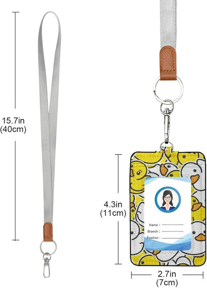 Badge Holder, Rubber Duck Yellow White PU Leather School College Business ID Badge Card Holder Wallet Case with 1 Clear Window, 2 Credit Card Slots and Detachable Neck Lanyard - Vertical