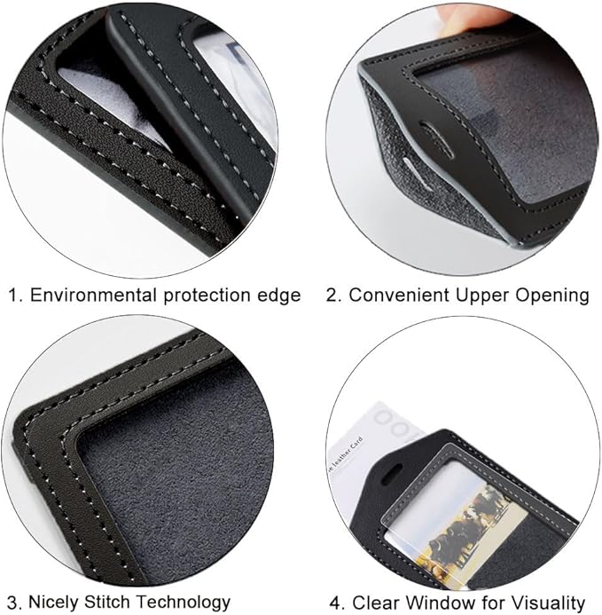 Larpur Pack of 2 Genuine Leather Badge Holders with 1 Clear ID Window, Vertical ID Card Holders for Work, School, Exhibition, Black