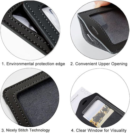 Larpur Pack of 2 Genuine Leather Badge Holders with 1 Clear ID Window, Vertical ID Card Holders for Work, School, Exhibition, Black