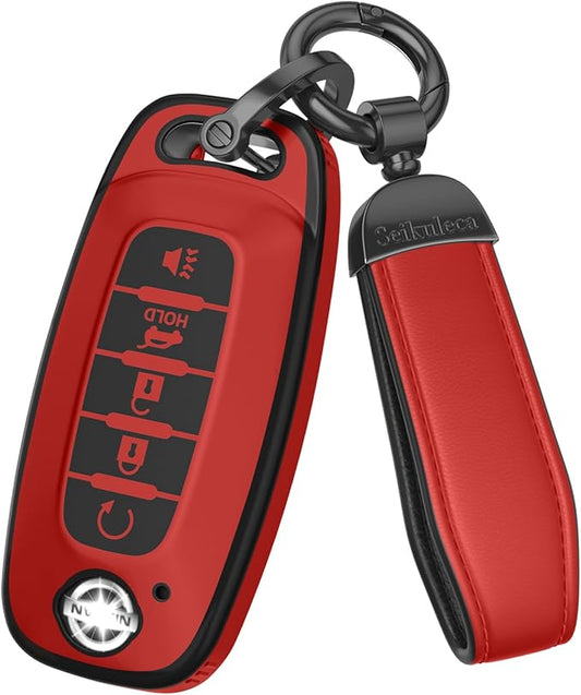 For Nissan Key Fob Cover Accessories- Matte TPU Key Fob Cover with Leather Keychain for 2023 2024 Rogue Pathfinder Versa 2025 Sentra Patrol Armada Smart and More (Matte Red, 5 Buttons)
