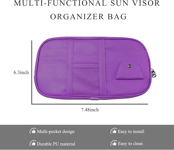 Car Sun Visor Organizer, Leather Multi-Pocket Visor Organizer Pouch with Double Zippers Net, Sunglass Holder Storage Pocket for License Pen Key Card Registration Document (Purple)