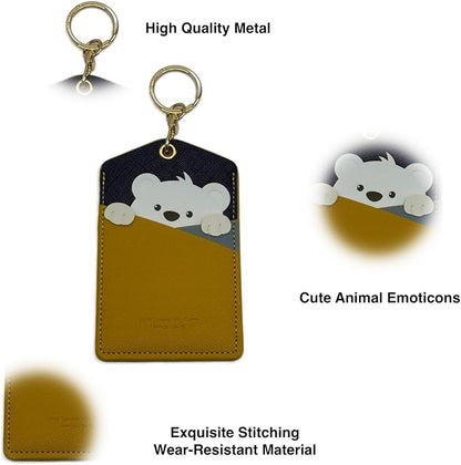 PU Leather ID Badge Holder with Keychain - Cartoon Animal Cute ID Badge Holder, 3 Card Slots for Professionals, Students, Nurse Officer, School Women Girls Boys (Yellow)