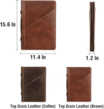 Top Grain Leather 16.2" Slim Laptop Zipper Folio Case Bag, Handmade & 2 Pockets, Compatible with MacBook Pro 16.2" A2485 M1 Max 15" Touch Bar A2141 A1707 Pro 16" Touch ID, Coffee 16.2 Inch