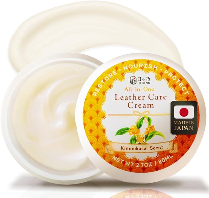 HIBINO | Leather Conditioner for Purses, Bags, Shoes & Furniture | All-in-One Cream to Clean, Restore & Protect | Non-Greasy, Quick-Absorbing Formula | Made in Japan | Kinmokusei Scent | 80ml