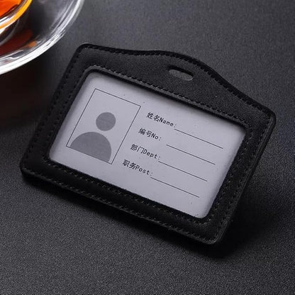 2 Pcs Black Brown Durable Leather ID Badge Holder, Double Sided Clear Window Horizontal Holders Waterproof Name Card Holders for Office, Staff, Students