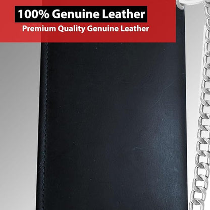 IBRO Long Bifold Chain Wallet – RFID Blocking Biker Wallet for Men – Premium Leather Motorcycle Chain Wallet Crazy Horse Black