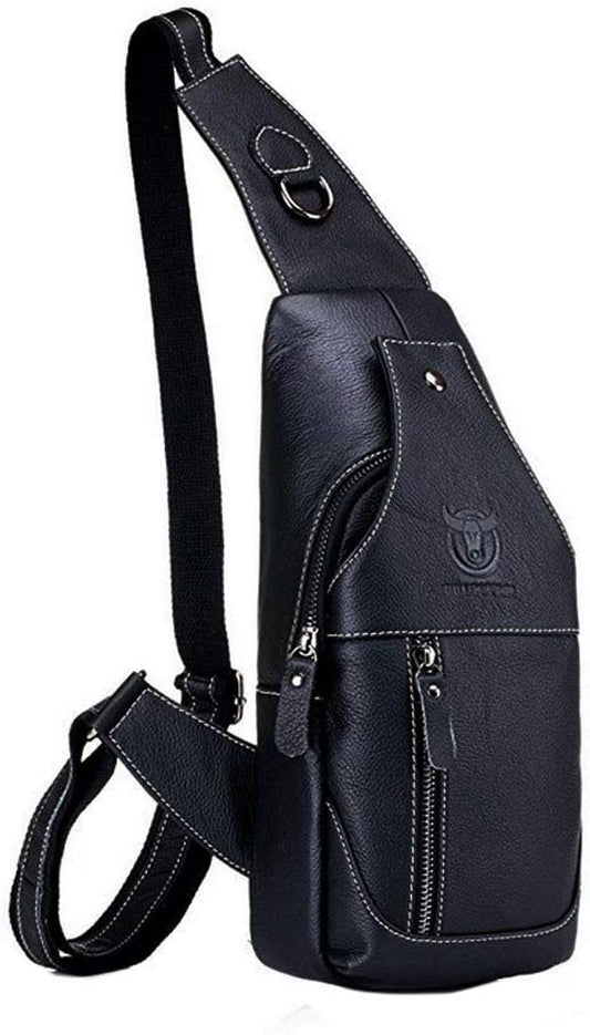 Hebetag Leather Sling Bag Backpack for Men Women Travel Outdoor Camping Crossbody Shoulder Chest Day Pack Hiking Walking Backpacks Black