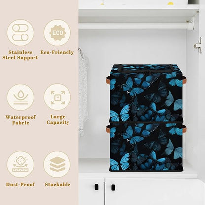 Blue Butterfly Storage Bins With Zipper Lid, Collapsible Trunk Organizer, Car Organizers and Storage Bins with Lids, Decorative Storage Boxes with Handle, Home Storage Baskets for Organizing