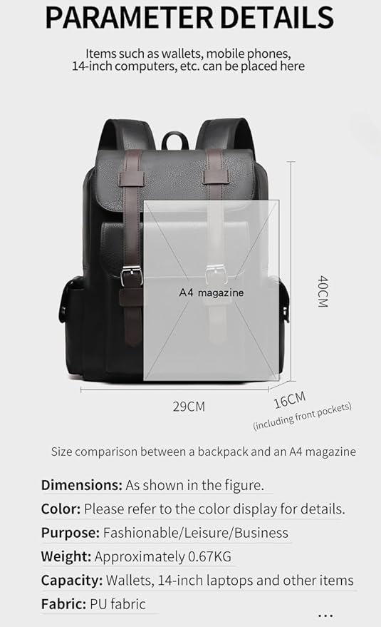 Retro men's business plaid backpack can hold a 15.6-inch laptop, women's stylish travel waterproof leather backpack. (black-15.7inch)