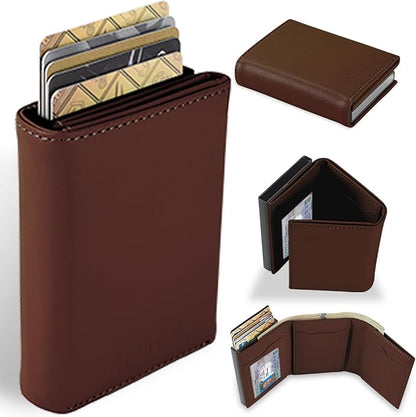 Pop Up Wallet for Men, Leather & Aluminum-Trifold Wallet for Men, Holds 12 Cards,20 Bills,Coins, ID Window, Functional & Minimalist Wallet, RFID Wallet for Men, Brown