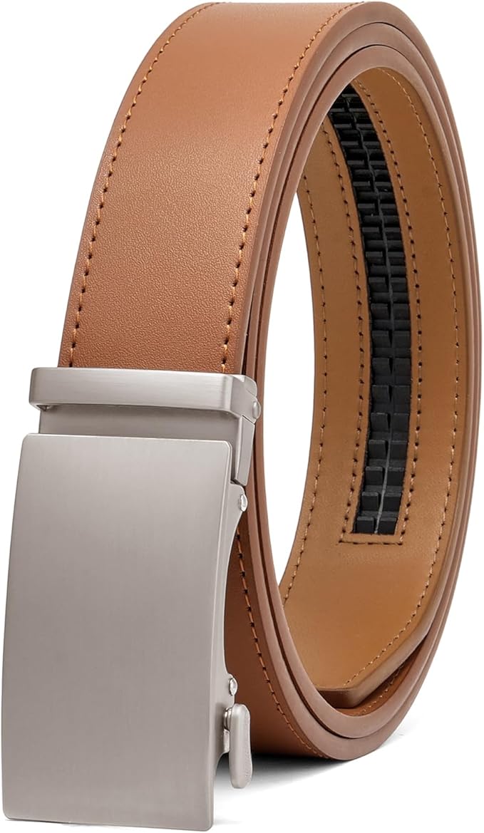 SENDEFN Men's Leather Belt Automatic Ratchet Buckle Slide Belt for Dress Casual Trim to Fit with Gift Box
