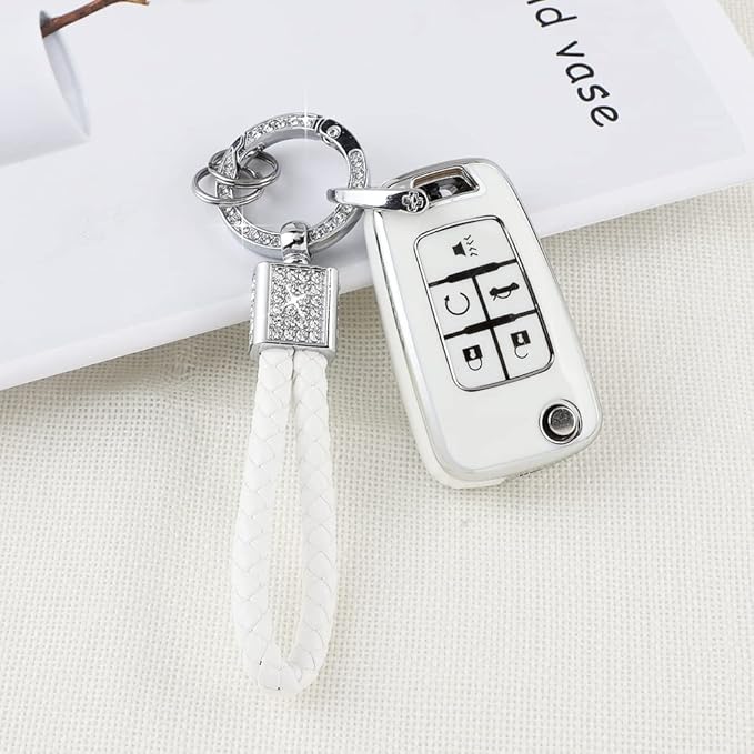 PIFOOG Key Fob Cover for Chevy 5 Button Keys Case Shell Protector TPU Soft Bling Car Keychain Accessories Fit for Equinox Cruze Malibu Camaro Sonic Trax Cute Girly Women White Silver