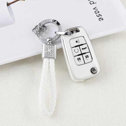 PIFOOG Key Fob Cover for Chevy 5 Button Keys Case Shell Protector TPU Soft Bling Car Keychain Accessories Fit for Equinox Cruze Malibu Camaro Sonic Trax Cute Girly Women White Silver