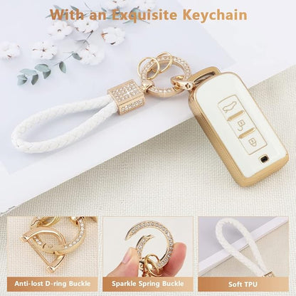 PIFOOG Key Fob Cover for Mitsubishi Accessories Outlander Lancer Mirage Car Keys Shell Case Protector Full Covers Bling Keychain Girly Women White Gold Soft TPU