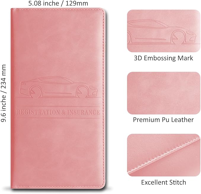 Car Accessories Registration and Insurance Holder,Leather Essential Card Magnetic Shut Vehicle Glove Box Organizer Case for Auto Driver License Document Truck Motorcycle Boat-Pink