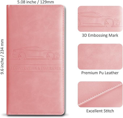 Car Accessories Registration and Insurance Holder,Leather Essential Card Magnetic Shut Vehicle Glove Box Organizer Case for Auto Driver License Document Truck Motorcycle Boat-Pink