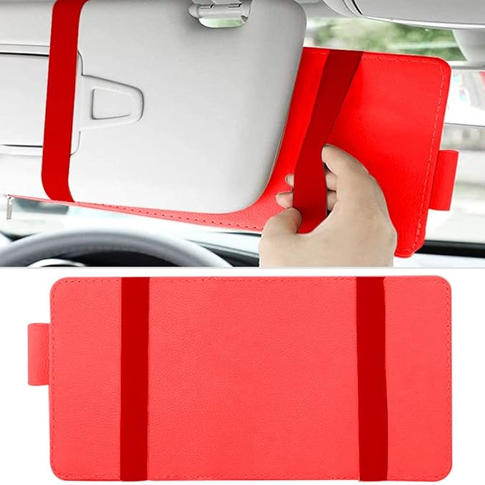 1 Pack Car Sun Visor Organizer, Sunglasses Holder for Car Sun Visor, Auto Interior Accessories Pocket Organizers Can Store for Sunglasses, Documents, Cards, Pen, Drivers License (Red)