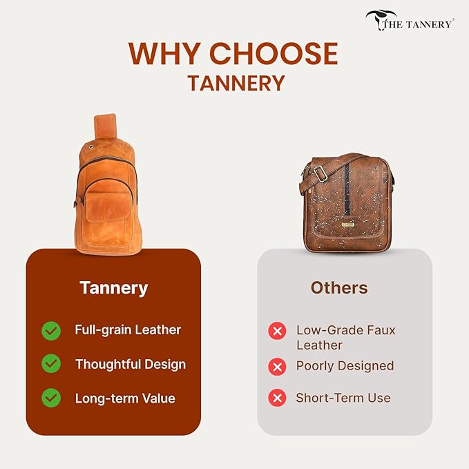 The Tannery Handmade Buffalo Leather Multipurpose Travel Hiking Crossbody Chest Backpack with Adjustable Shoulder Strap, Thanks Giving (Camel Brown, Large)