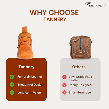 The Tannery Handmade Buffalo Leather Multipurpose Travel Hiking Crossbody Chest Backpack with Adjustable Shoulder Strap, Thanks Giving (Camel Brown, Large)