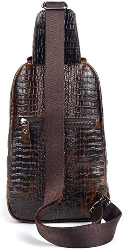 Hebetag Crocodile Genuine Leather Sling Chest Bag for Men Travel Outdoor Hunting Hiking Camping Crossbody Shoulder Pack Pouch Backpack Daypack Coffee