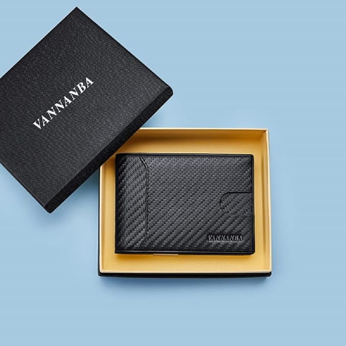 VANNANBA Minimalist Wallet for Men with Money Clip|ID Window|Large Capacity with 12 Card Slots|RFID Blocking,Carbon Fiber Front Pocket Credit Card Holder with Gift Box(Carbon Black)