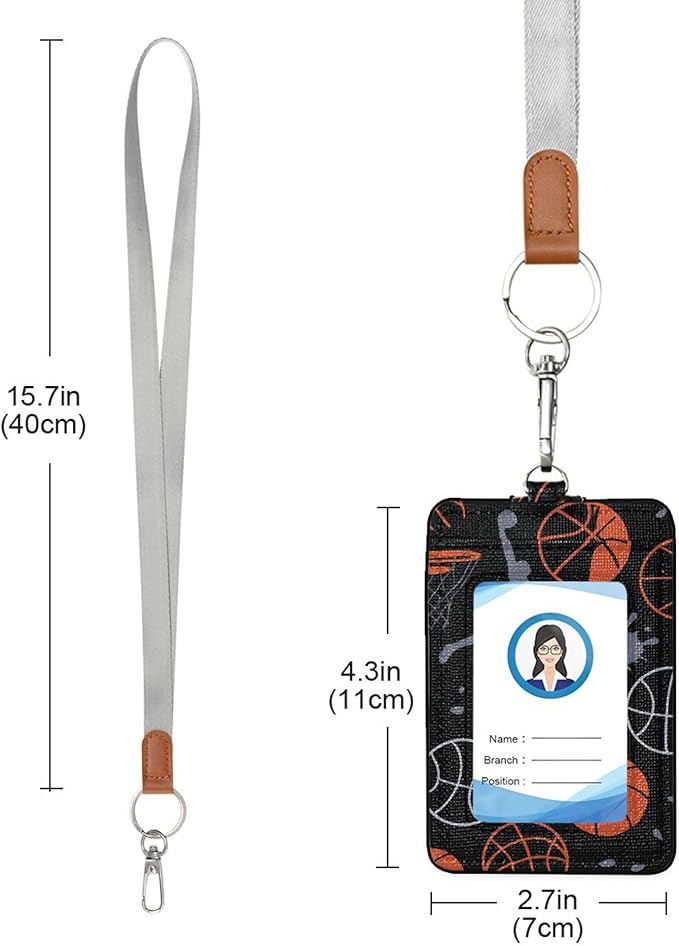Badge Holder, Basketball Theme PU Leather School College Business ID Badge Card Holder Wallet Case with 1 Clear Window, 2 Credit Card Slots and Detachable Neck Lanyard - Vertical