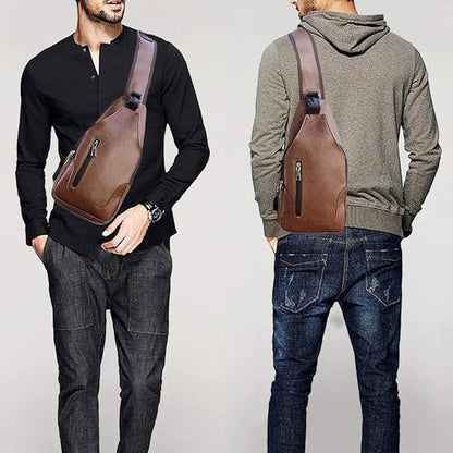 Seoky Rop Men Sling Bag Anti Theft Shoulder Bag Small Leather Crossbody Sling Backpack with USB Charge Port Brown