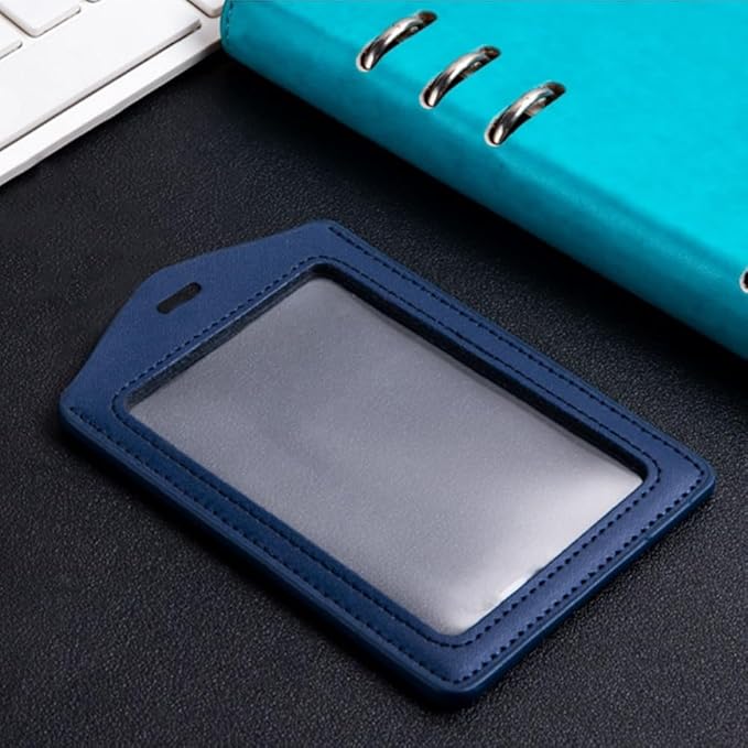 Larpur Vertical Badge Holders, PU Leather ID Card Cases with Double-Sided Clear Window, Pack of 2 Blue ID Holders for Work, School, Exhibition, Office