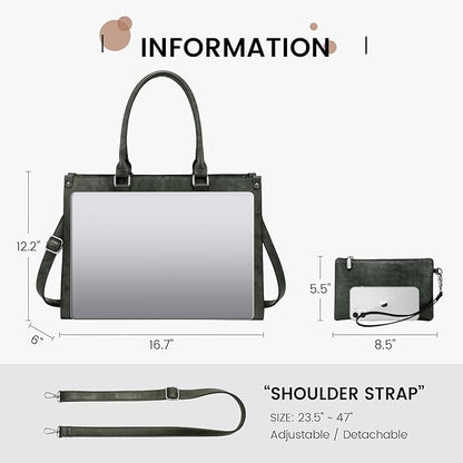 LOVEVOOK Laptop Tote Bag for Women, 15.6 Inch Large Capacity Vintage Leather Work Computer Bag, Business Casual Shoulder Handbag, Dark Green